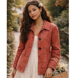 Talbots Woman Paisley Print Stretch Blazer Jacket Red Brown 1X (Missing button)